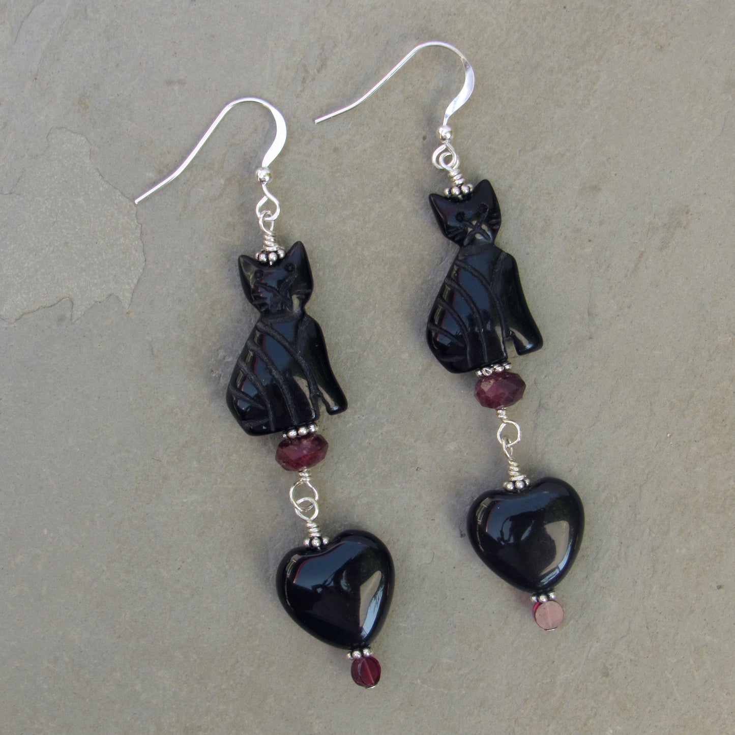 Onyx gemstone Cats and Hearts, Garnets & Sterling Silver Earrings