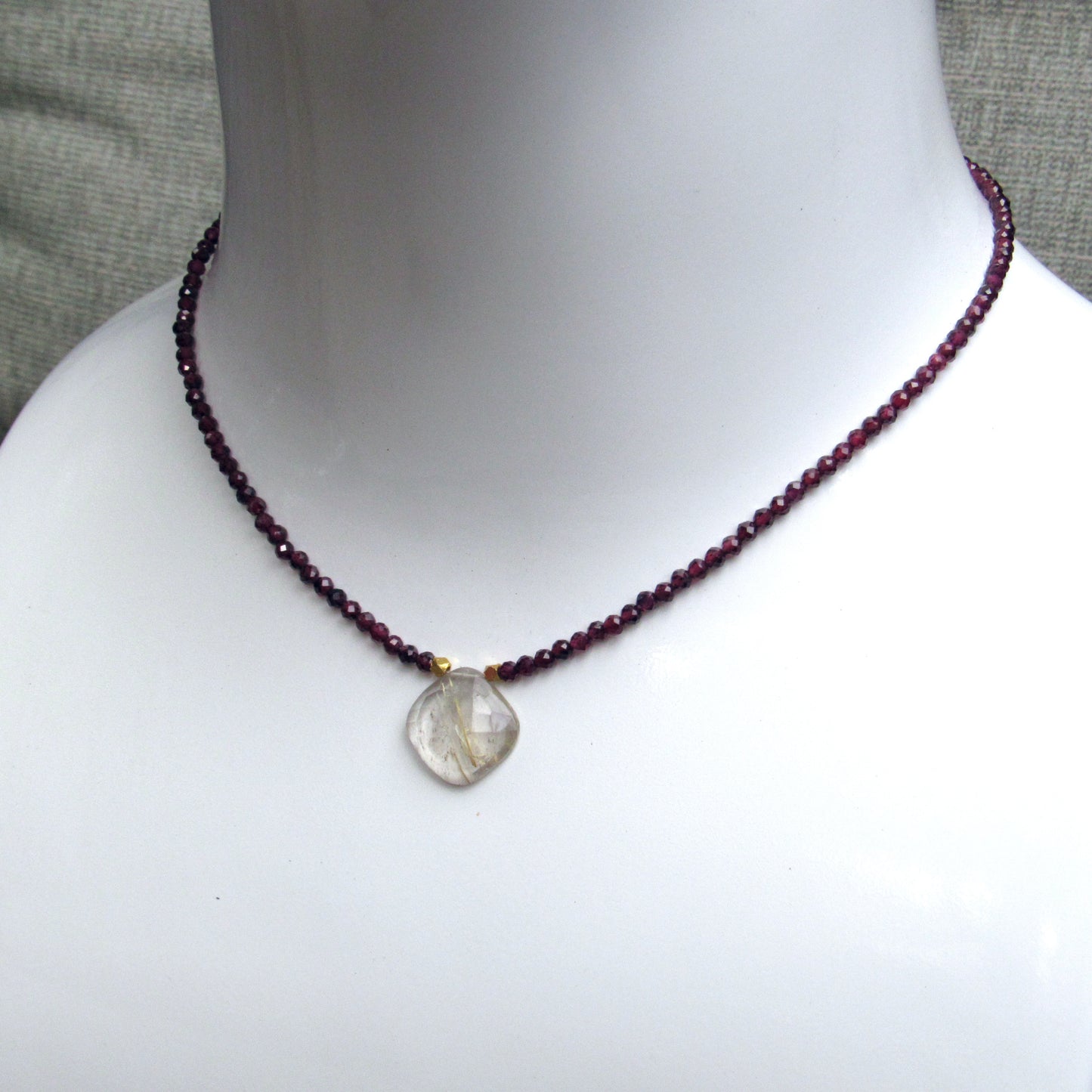 Rutilated Gold Gemstone w/ 14 Kt, and Garnet Gemstone Necklace