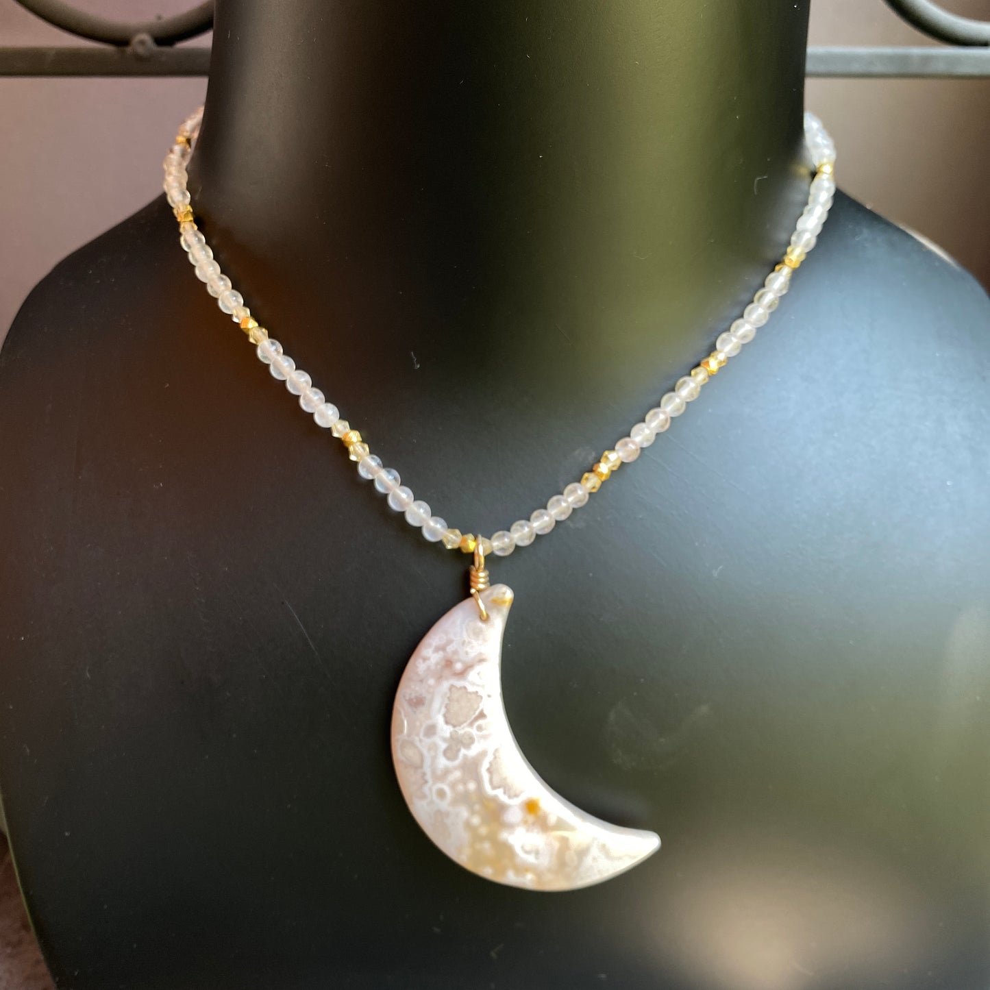 Cherry blossom agate moon pendant, on Rose quartz, citrine, 14 kt GF necklace