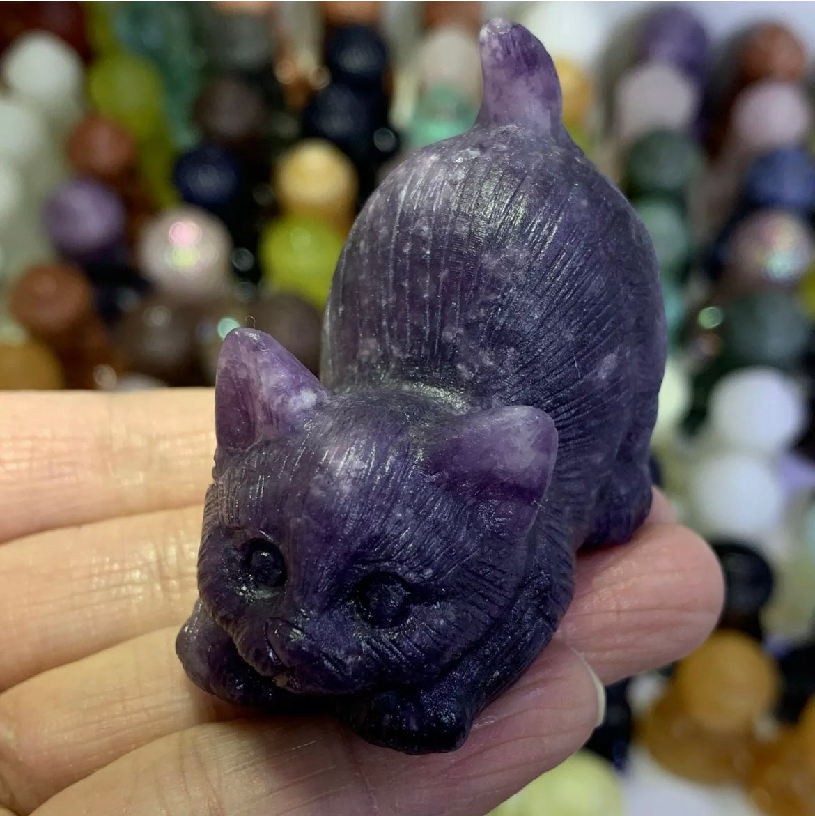 Natural Lilac Stone aka Lepidolite gemstone Kitty cat crystal figurine