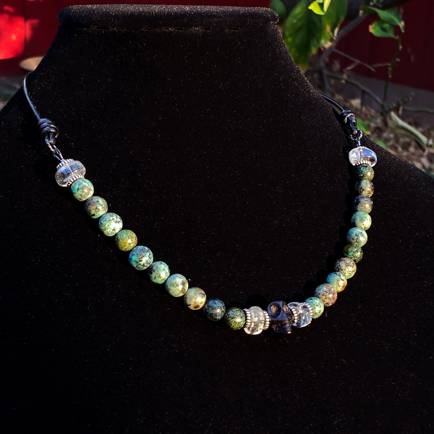 African Turquoise, Green amethyst gemstone, and Sterling Silver Leather Necklace
