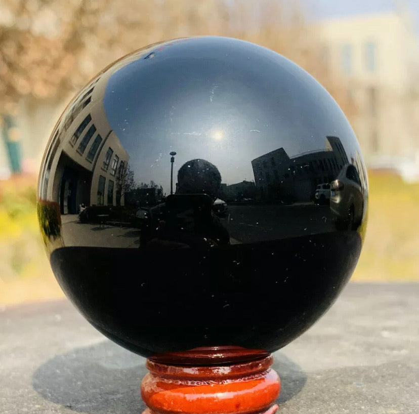 Natural Black Obsidian Sphere Healing Stone + Free Stand