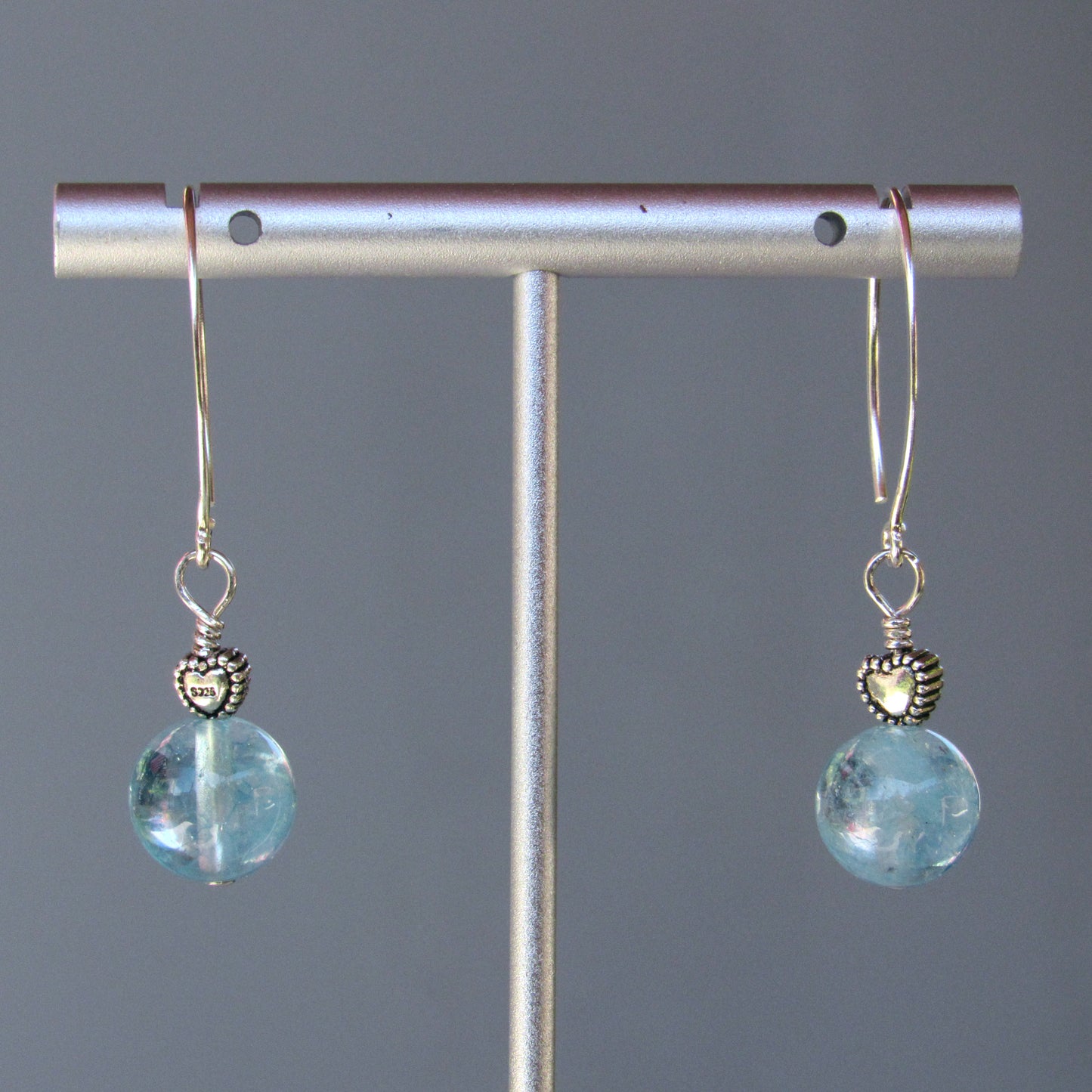 Aquamarine gemstone and Oxidized Sterling Silver Heart Earrings