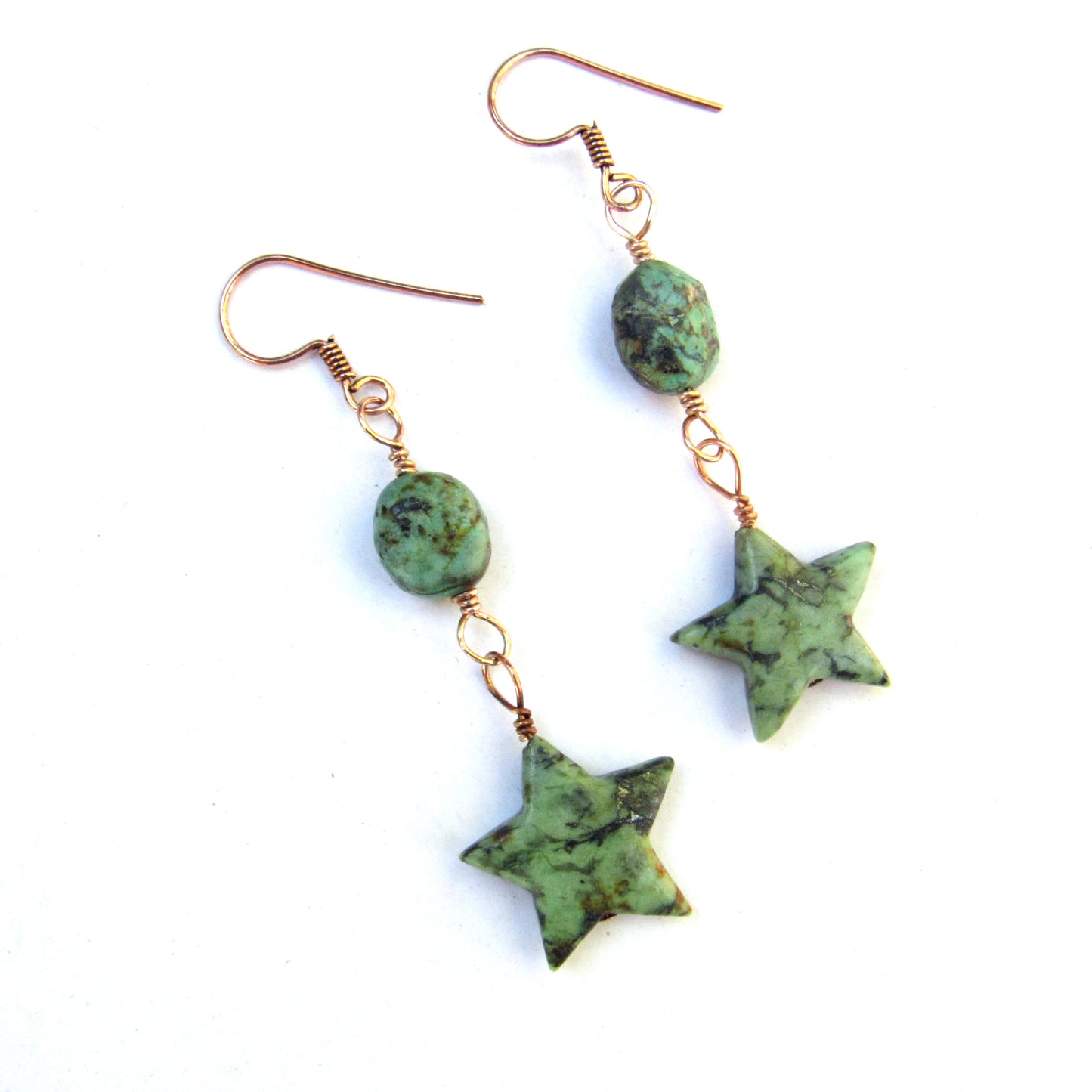 African Turquoise gemstone stars hand wrapped on Copper Drop Earrings