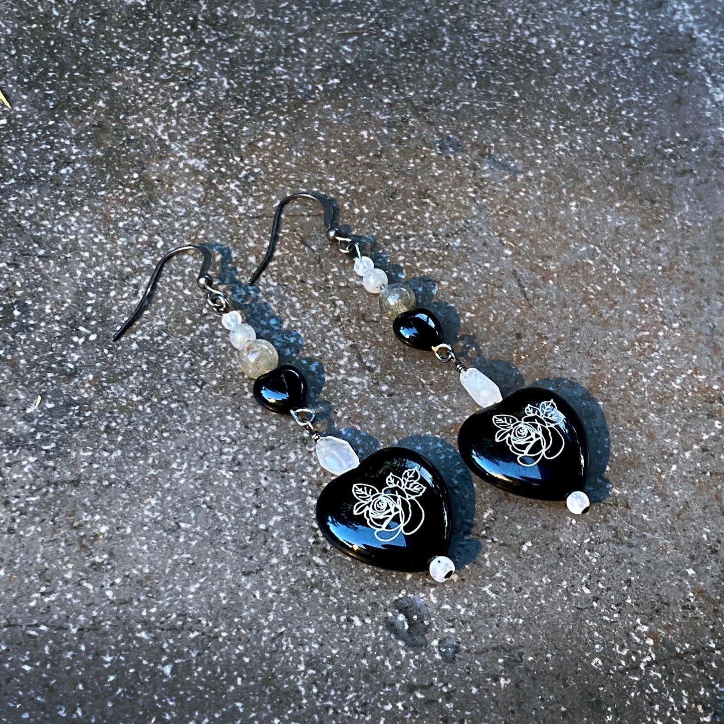 Hand Painted Onyx Heart, Moonstones, and Labradorite Drop Earrings with Sterling Silver