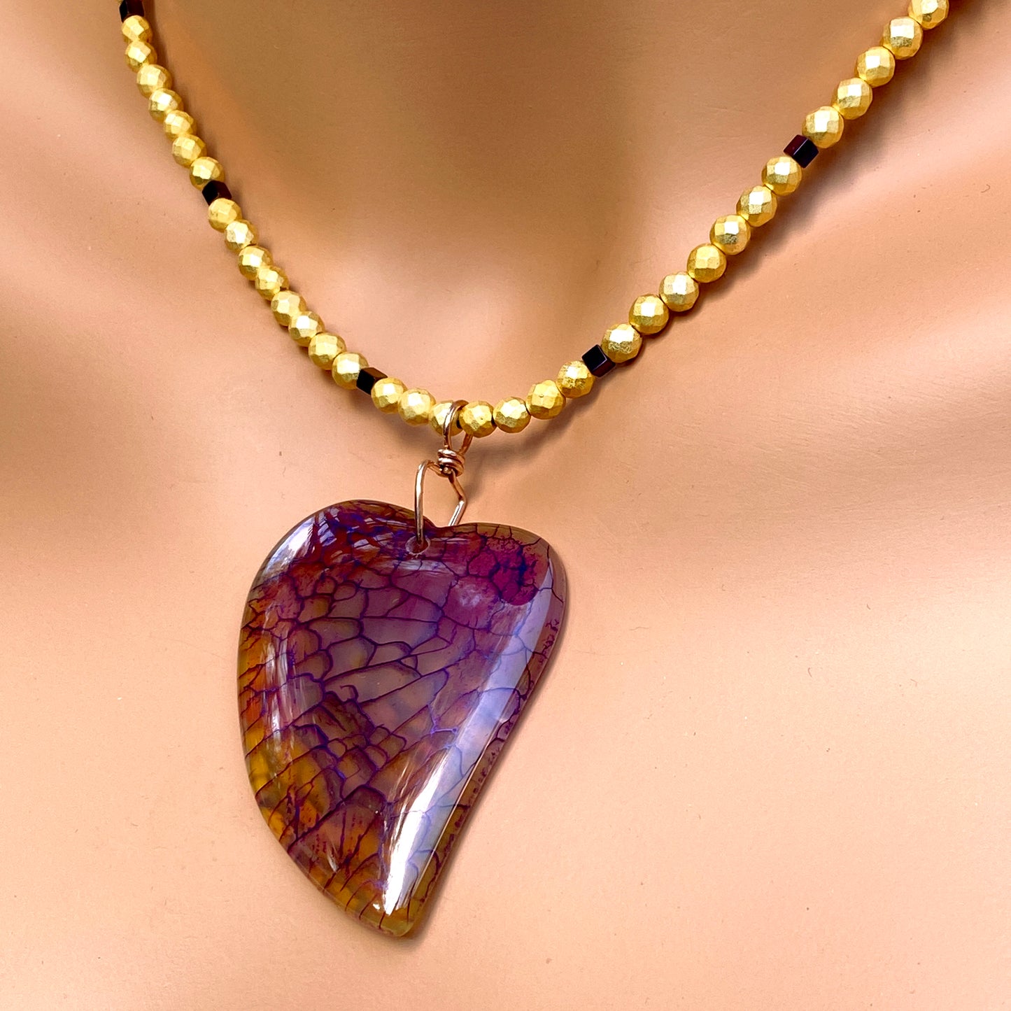 Dragon’s Vein Heart Pendant on Gold & Purple Hematite and 14 Kt GF Clasp