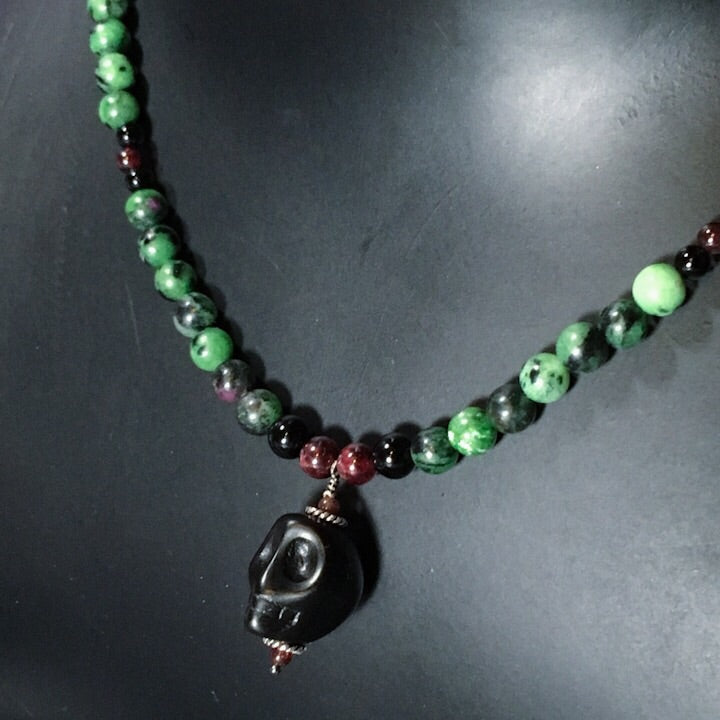 Men’s Ruby Zoisite, Garnet & Onyx Necklace with Howlite skull.