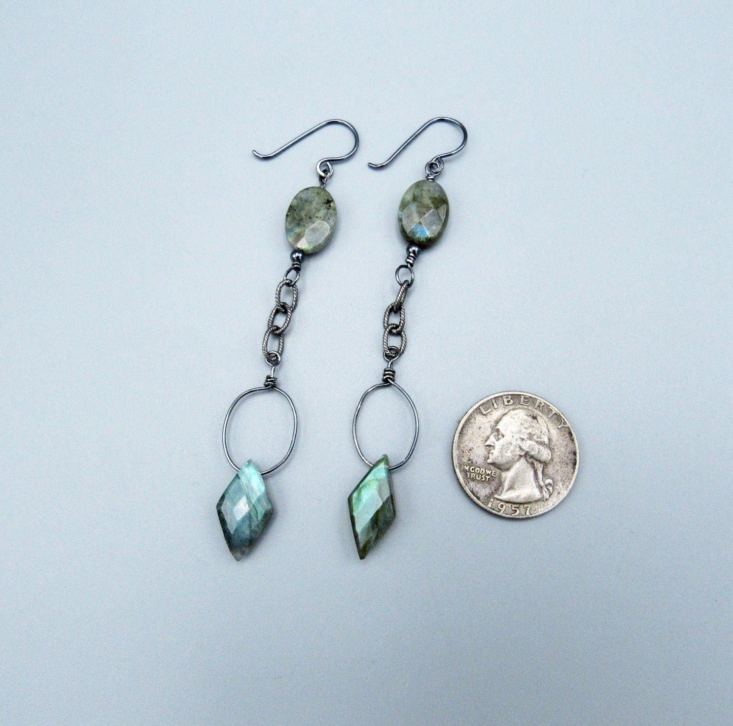 Labradorite and Oxidized Sterling Silver Chain Drop Earrings