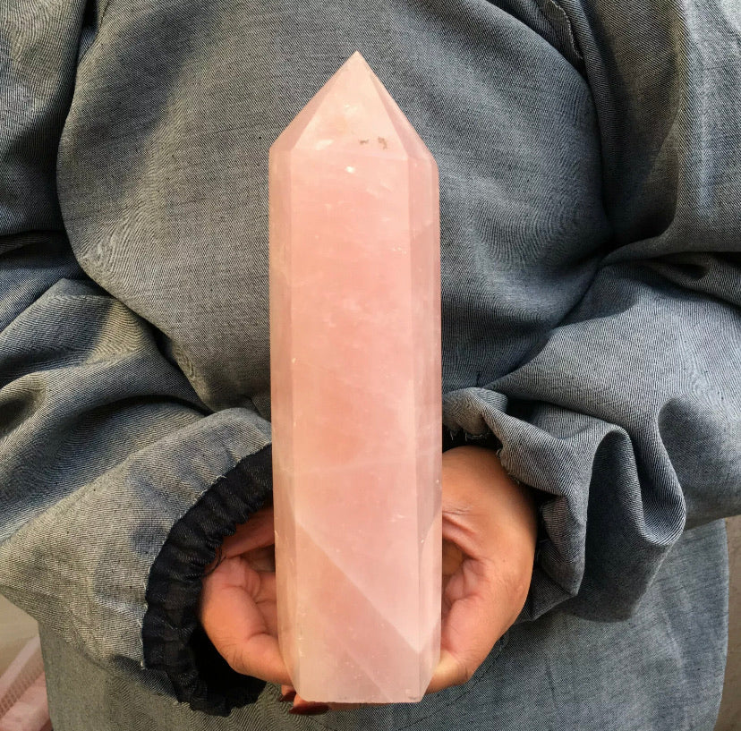 Natural pink rose quartz gemstone crystal tower point obelisk