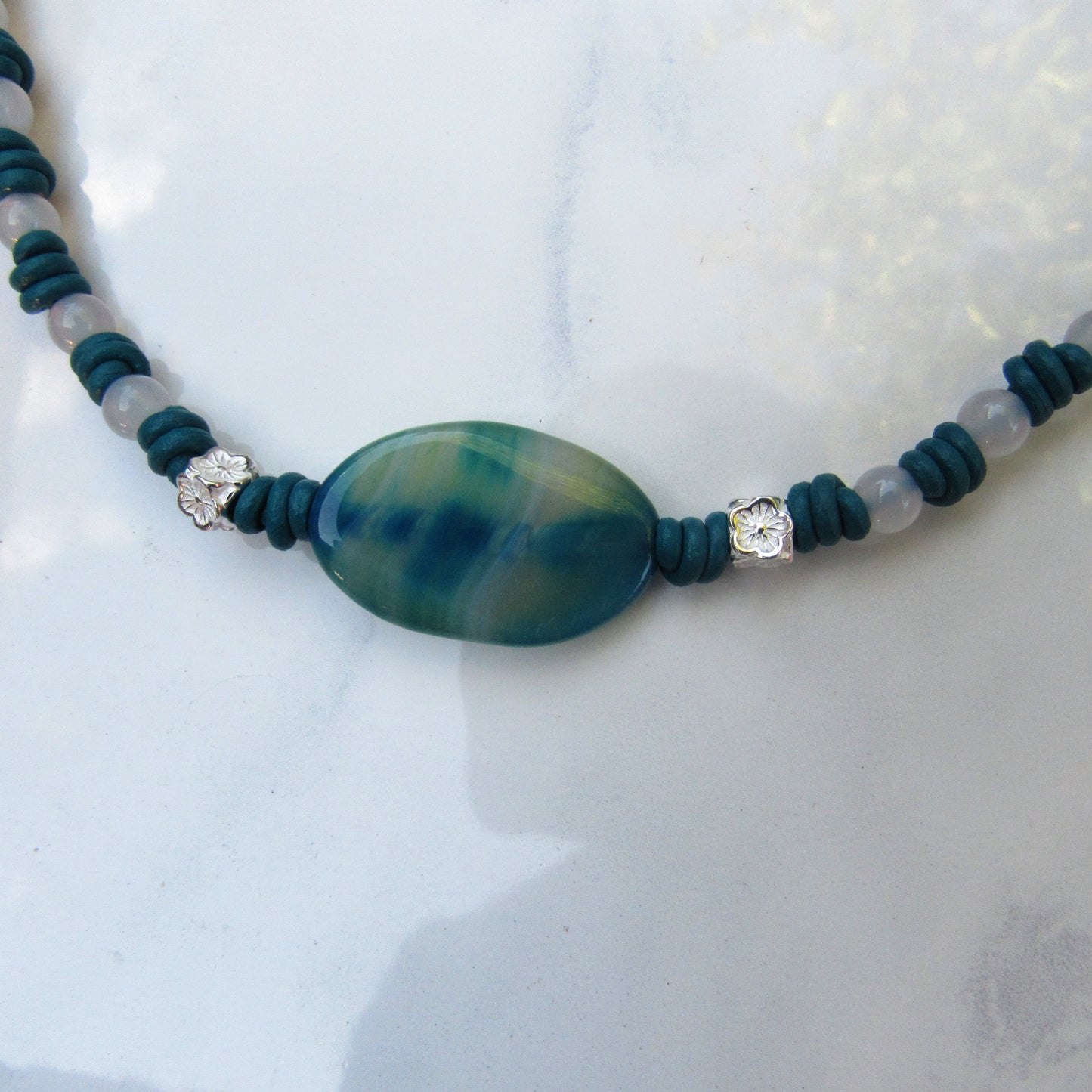 Blue band agate & White Agate gemstones hand knotted leather necklace