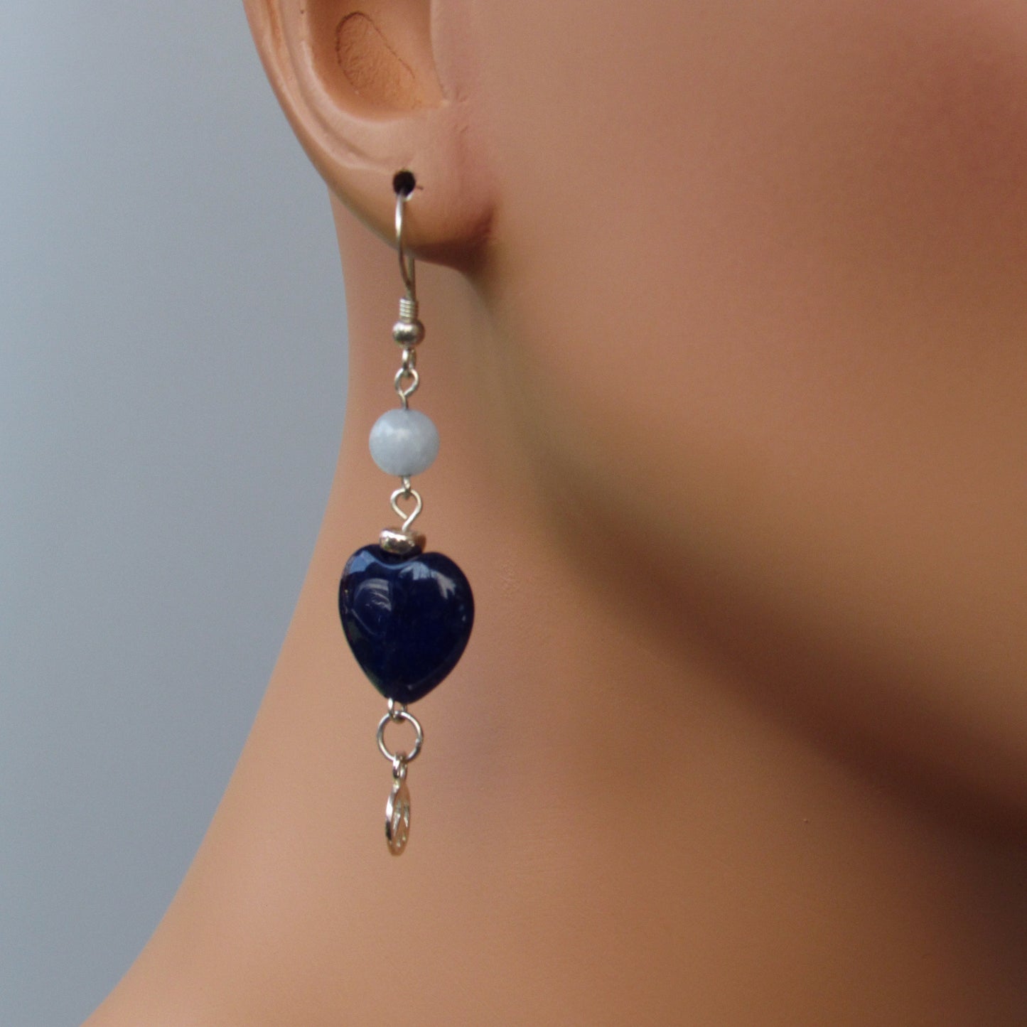 Blue Agate gemstone Hearts, Sterling Silver Peace Signs, Aquamarine, Sterling Silver Drop Earrings