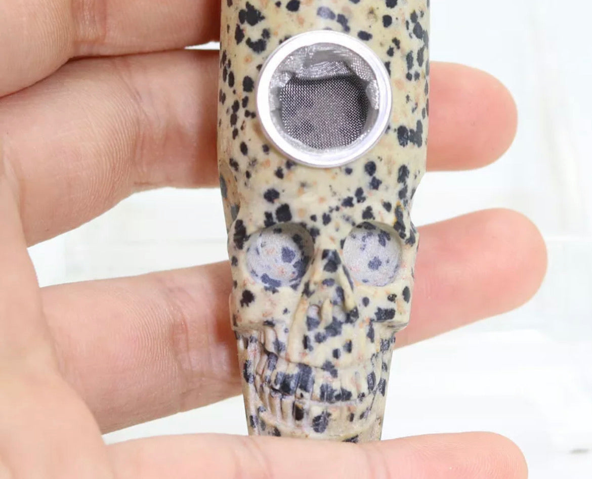 Dalmatian Jasper gemstone carved Skull pipe