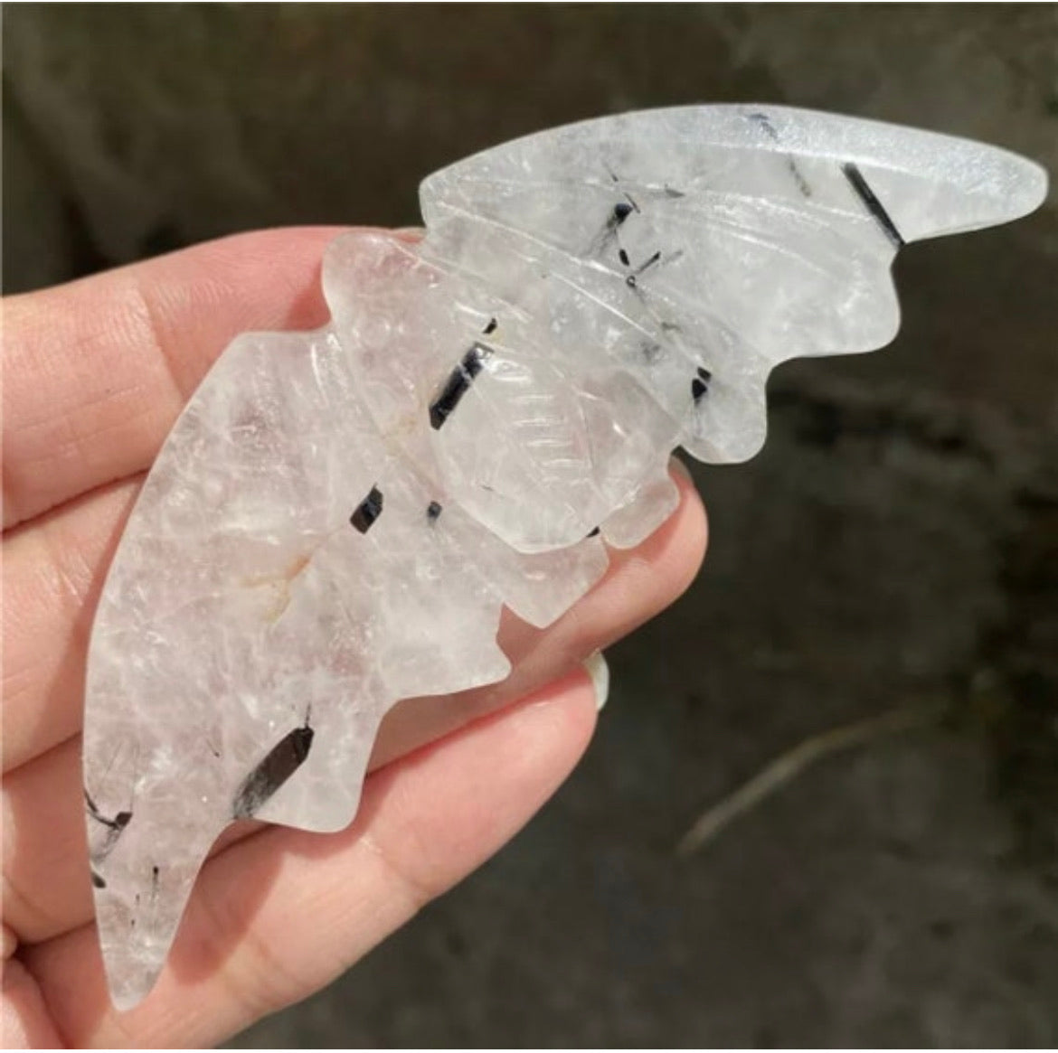 Tourmaline Quartz gemstone carved Bats