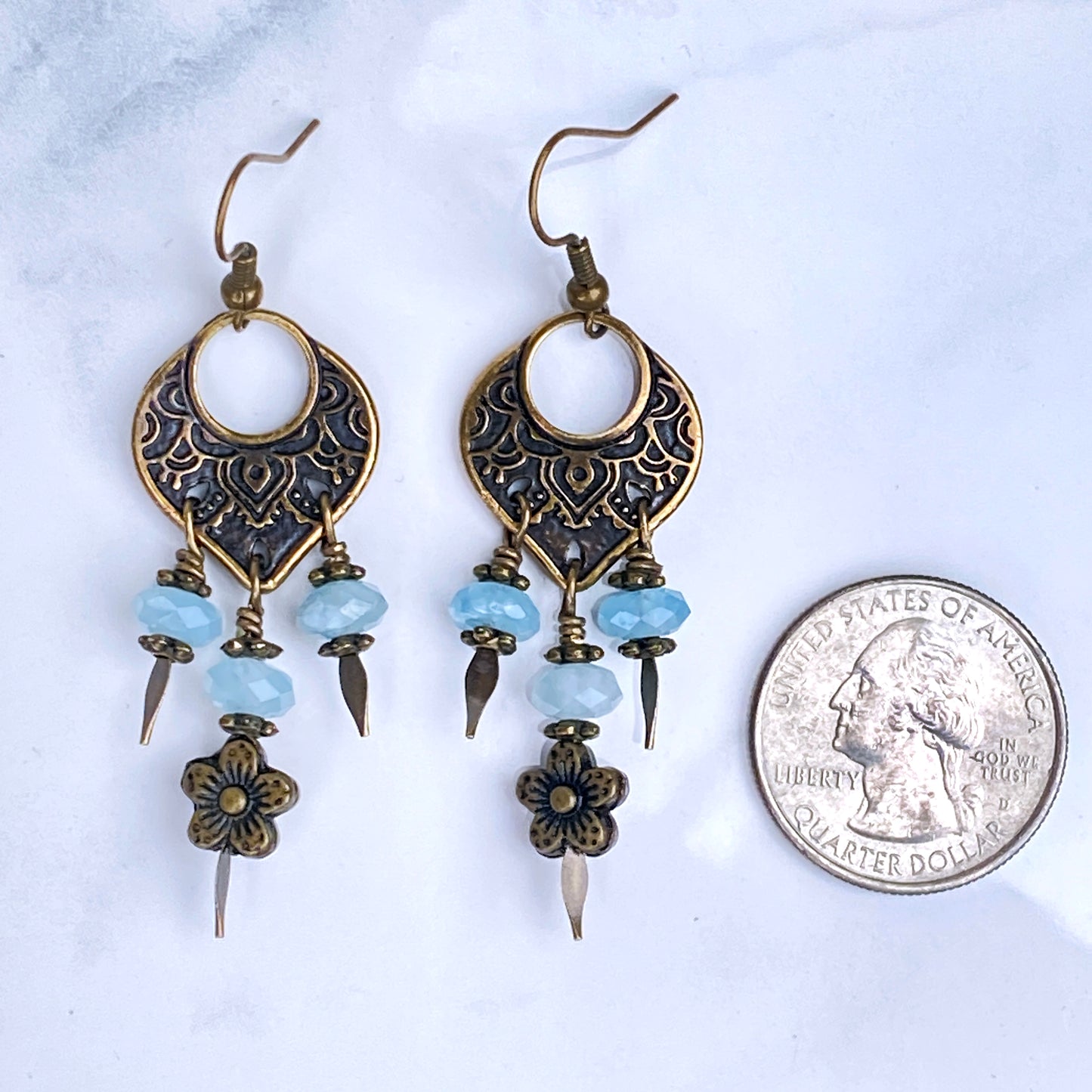 Aquamarine gemstone and brassChandelier Earrings