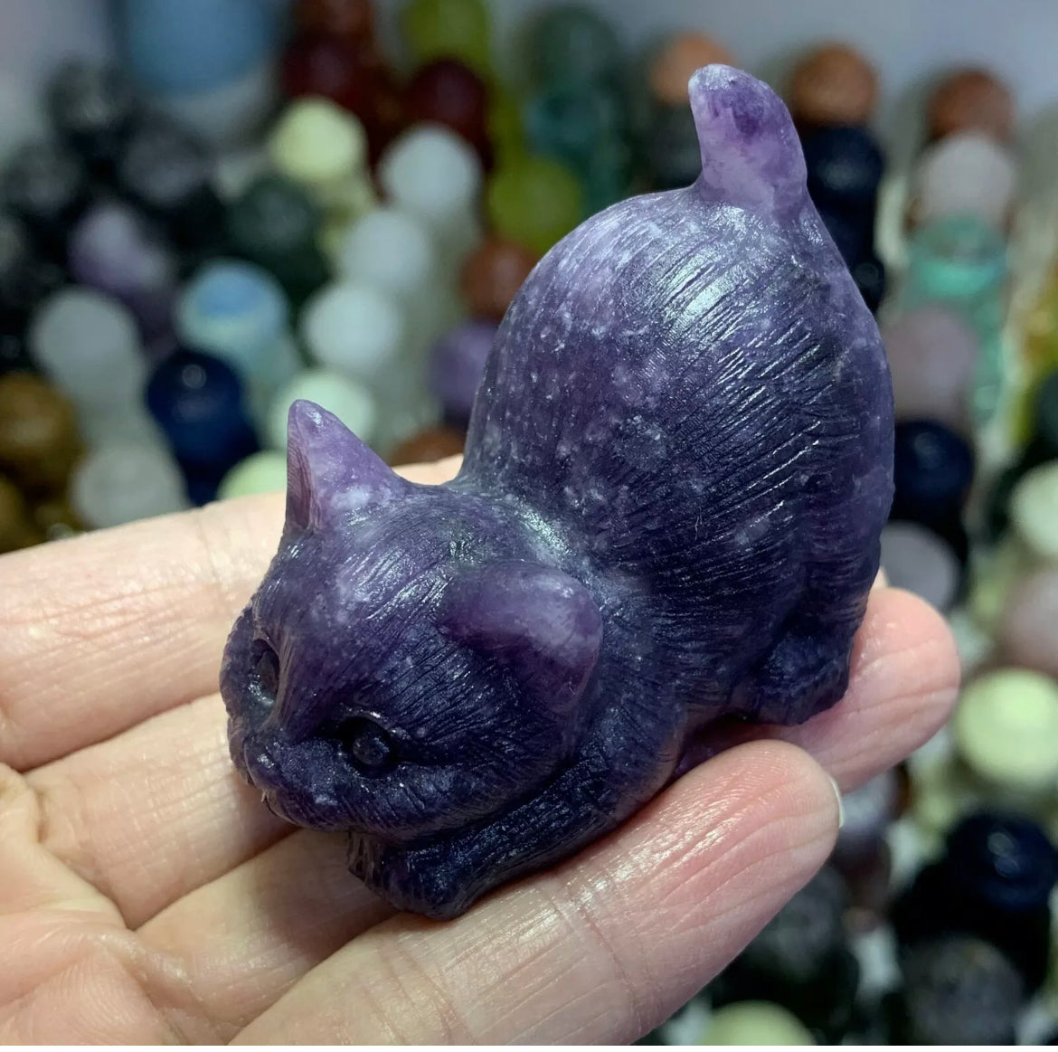 Natural Lilac Stone aka Lepidolite gemstone Kitty cat crystal figurine