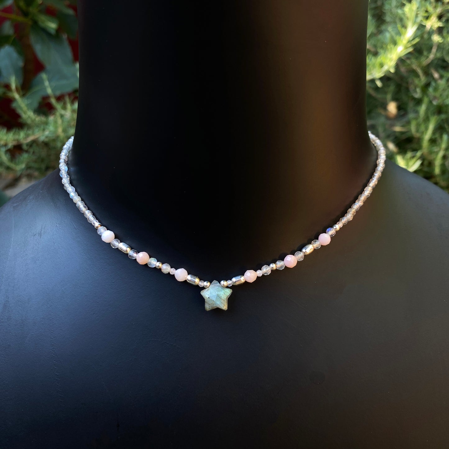 Labradorite Star and Pink Opal Sterling Silver Choker