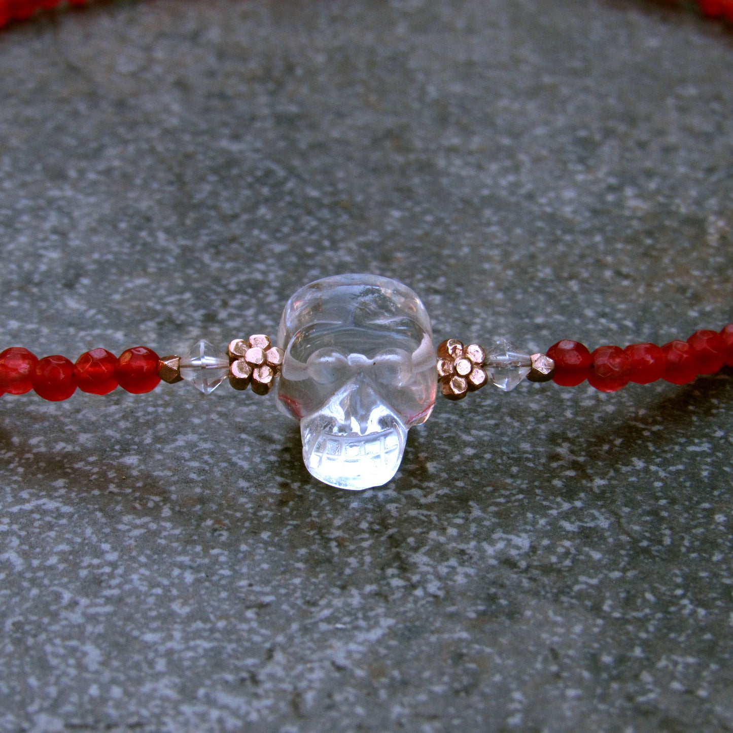 Red agate gemstones, Clear Quartz, 18 kt Rose gold vermeil over sterling silver flowers beaded choker
