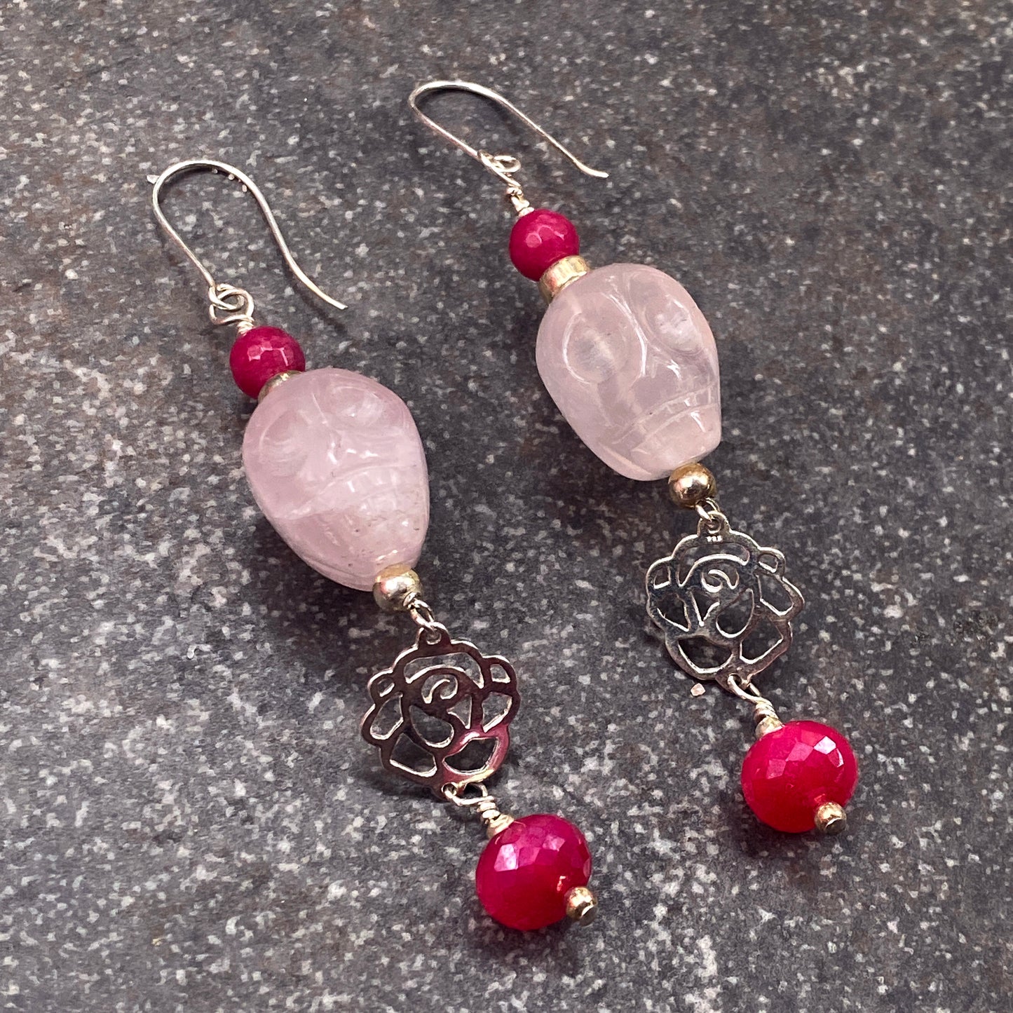 Rose Quartz Gemstone Skulls, Pink Jade, Pink chalcedony with Sterling Silver Rose Drop Earrings