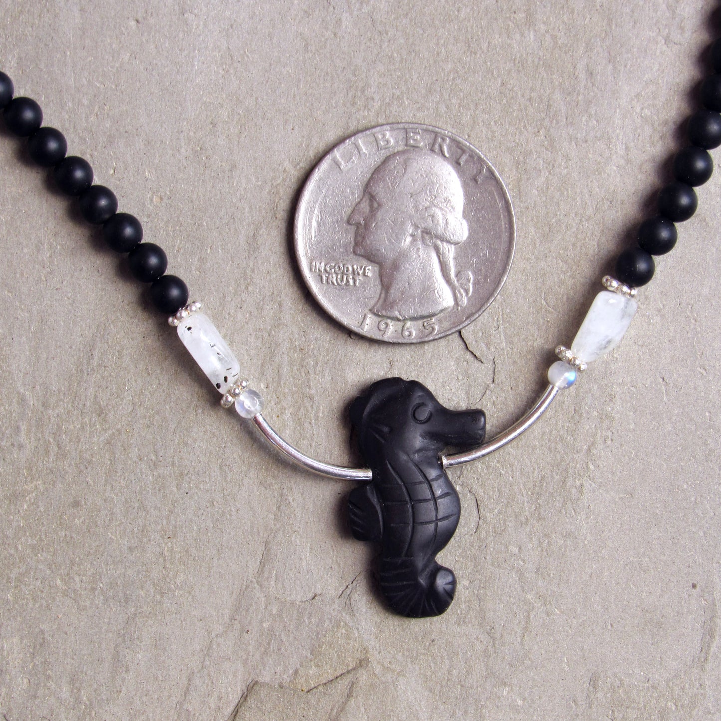 Onyx gemstone Seahorse, Onyx Beads, Moonstones, and Sterling Silver Necklace