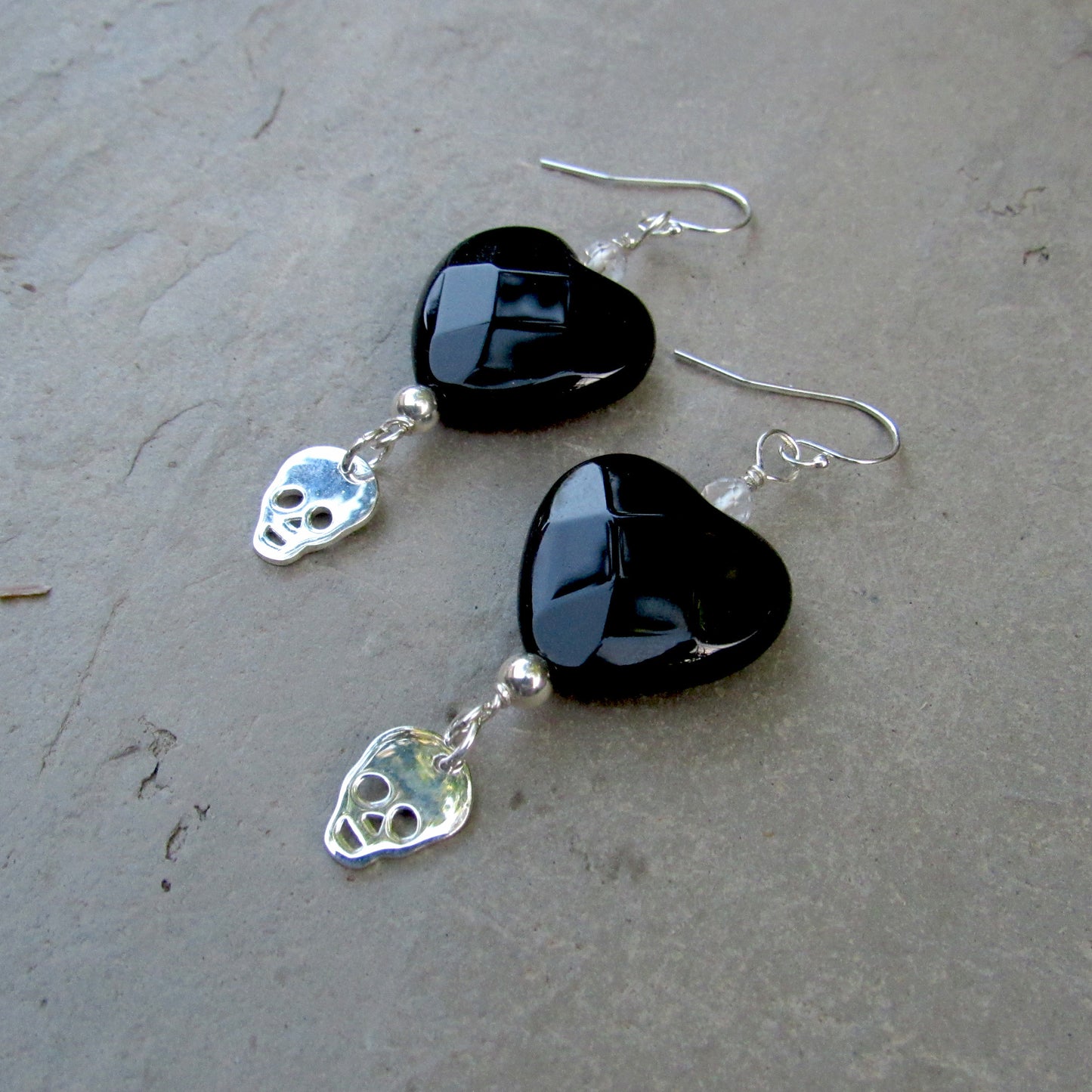 Faceted Onyx Heart, Moonstones, Sterling Silver Skulls, Drop Earrings