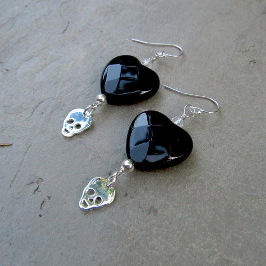 Faceted Onyx Heart, Moonstones, Sterling Silver Skulls, Drop Earrings