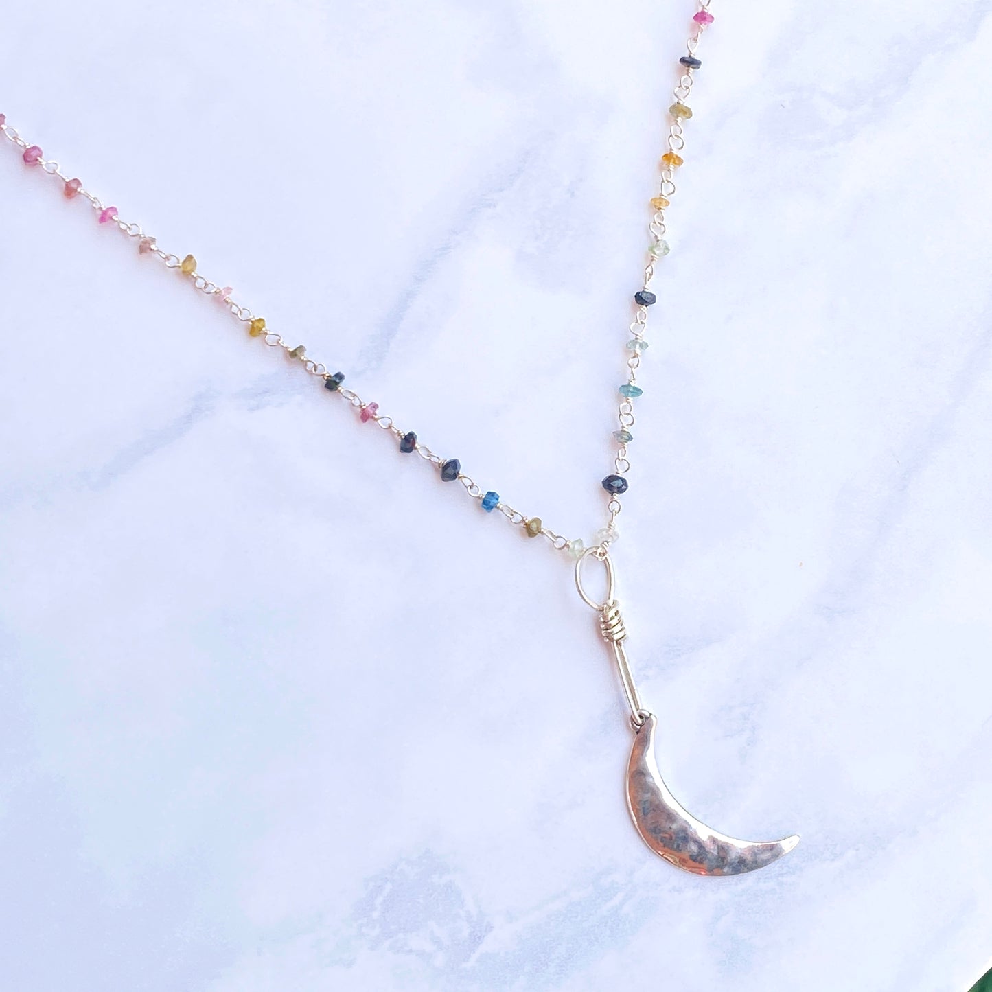 Sterling Silver Moon with mixed Tourmaline gemstone Necklace