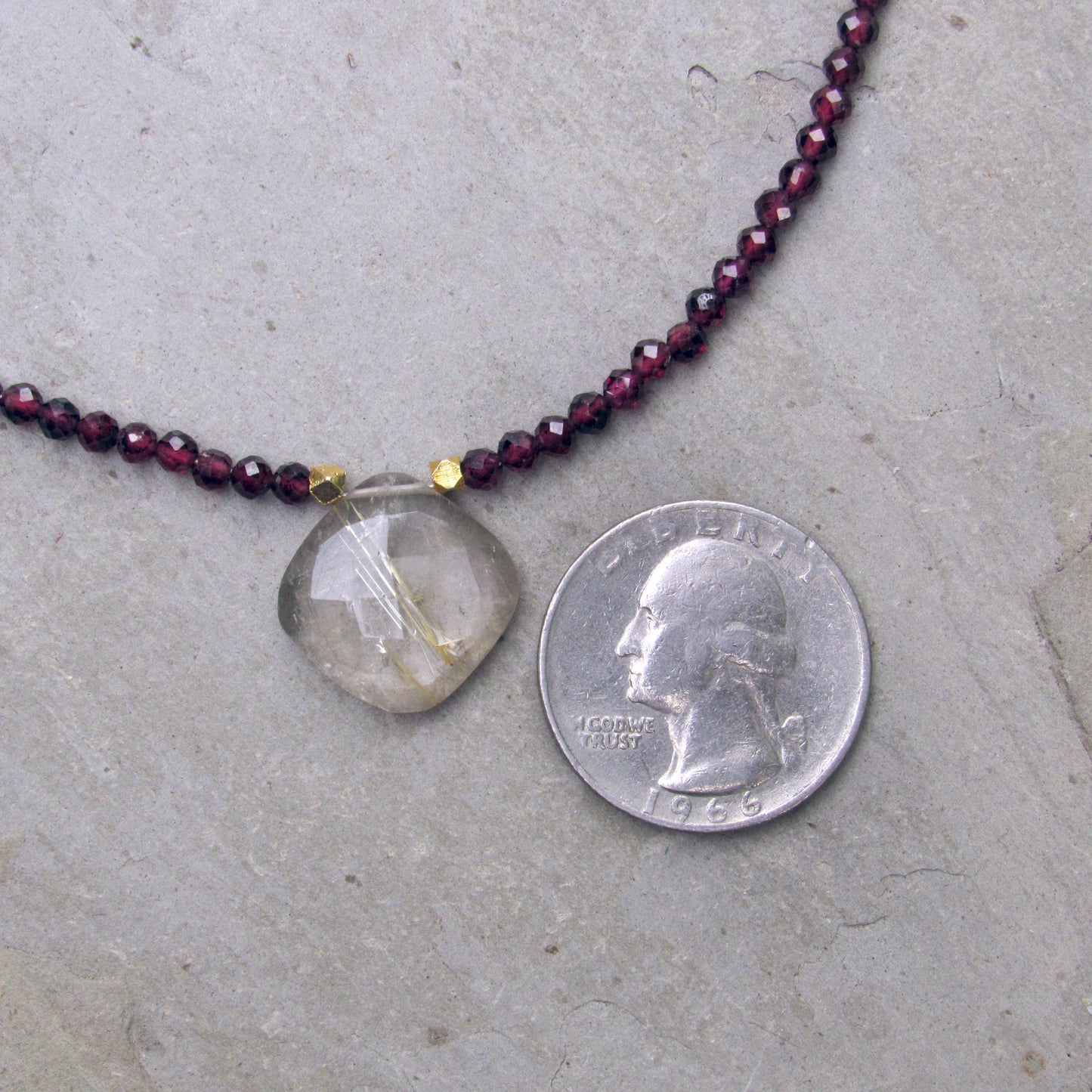 Rutilated Gold Gemstone w/ 14 Kt, and Garnet Gemstone Necklace