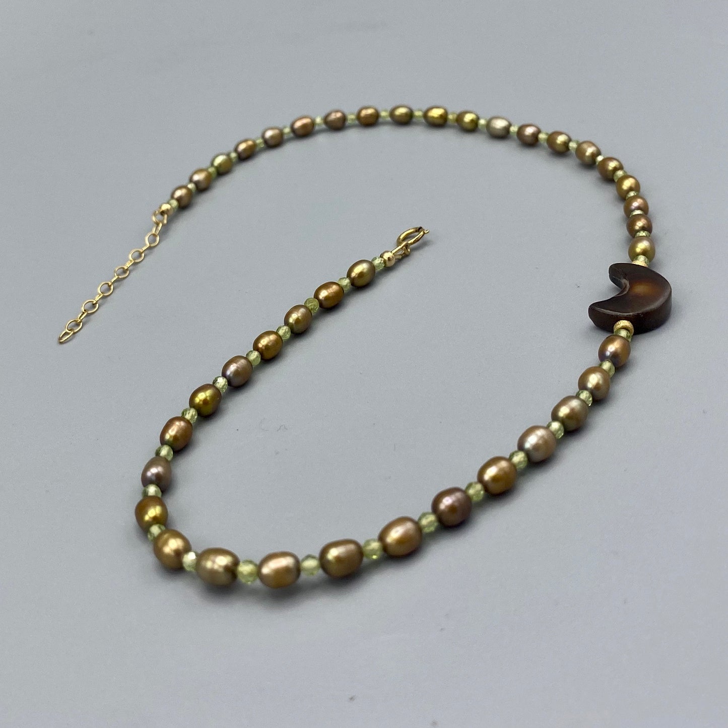Freshwater pearl, Peridot, Mother of Pearl Moon Choker Necklace w/ 14 kt GF
