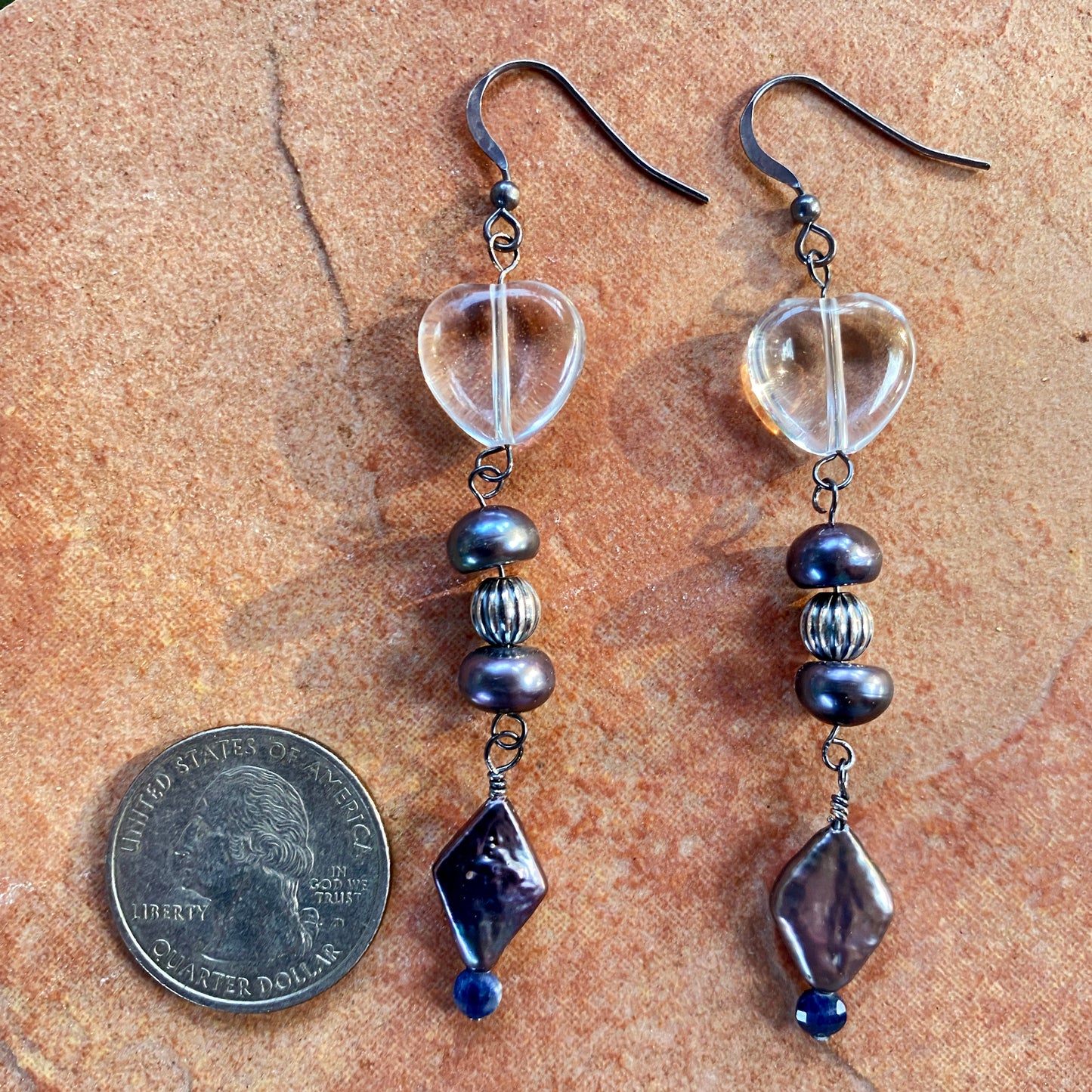 Sterling silver, fresh water pearl, clear quartz heart, Blue sapphire Drop earrings