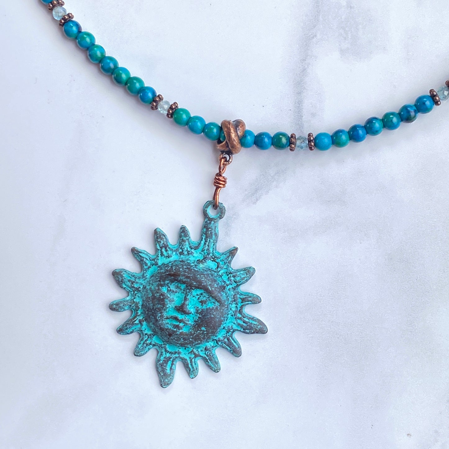 Natural Turquoise gemstone and copper Sun pendant beaded necklace