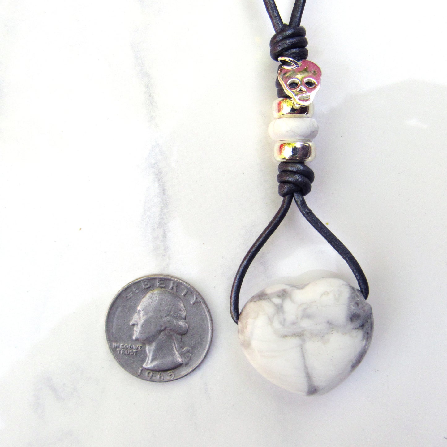 Howlite hand knotted leather with Sterling Silver Skull Necklace