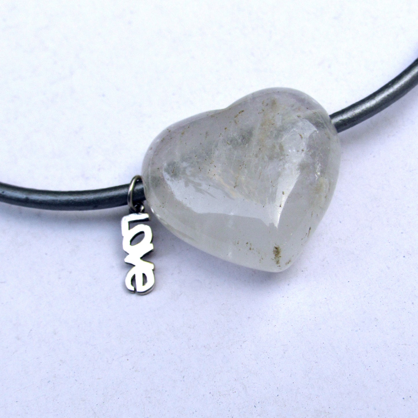 Clear Quartz gemstone with Sterling Silver Love on Metallic Leather Necklace