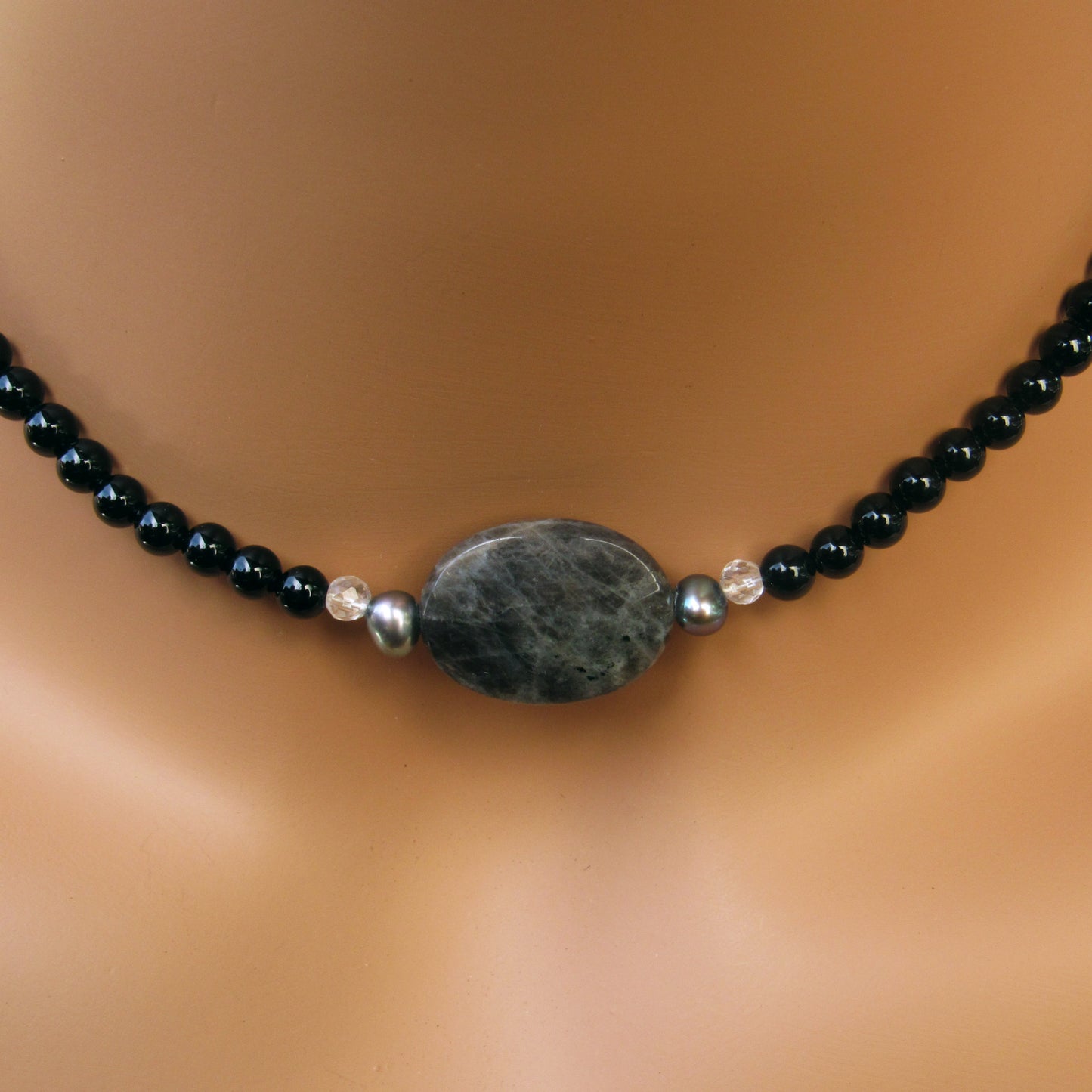 Labradorite, Clear Quartz, Onyx gemstone, Freshwater Pearl, Sterling Silver Choker Necklace
