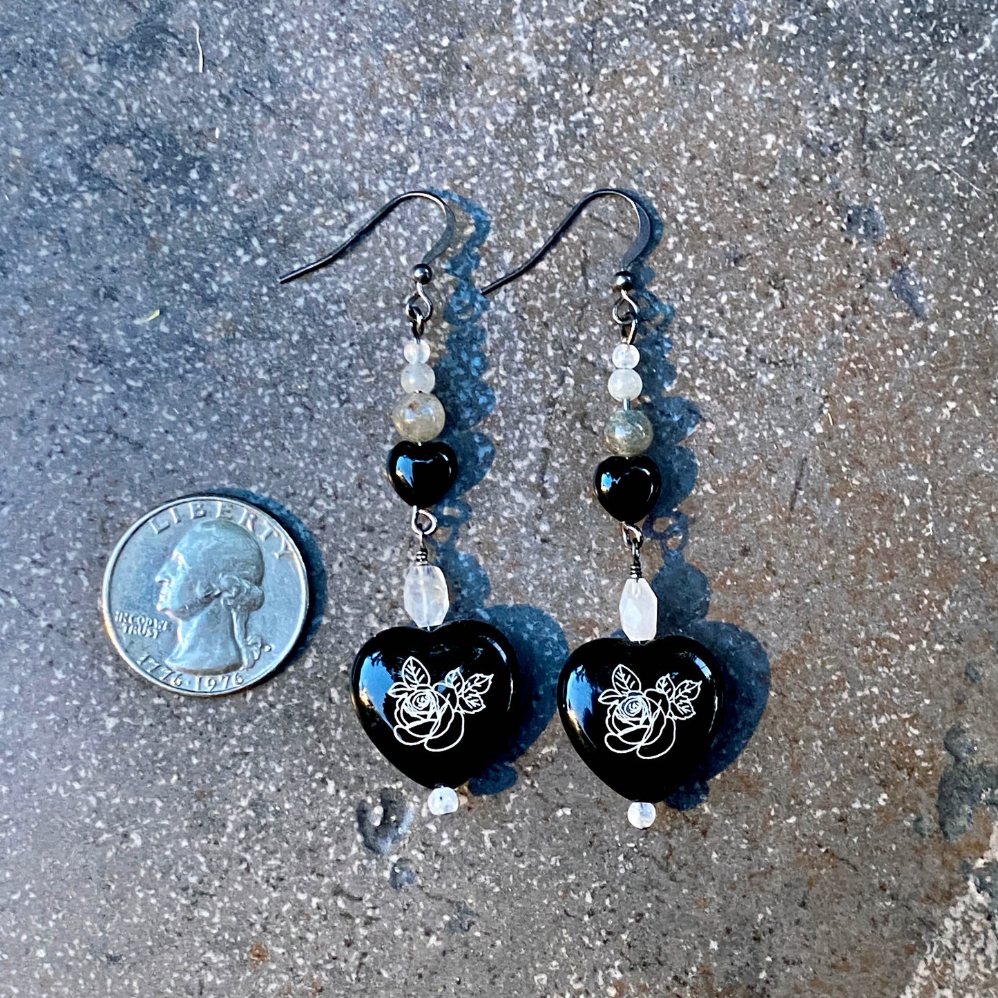 Hand Painted Onyx Heart, Moonstones, and Labradorite Drop Earrings with Sterling Silver