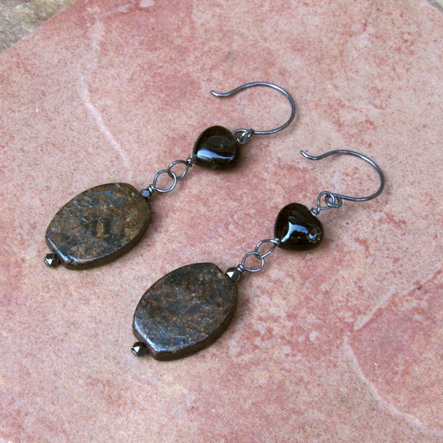 Bronzite and Tourmaline Gemstone Heart w/ Oxidized Sterling Silver Drop Earrings