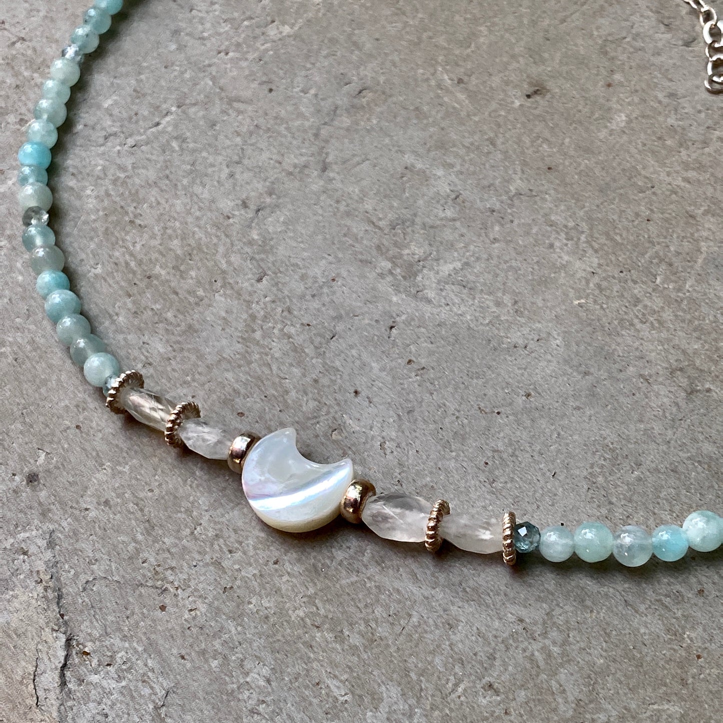 Mother of pearl moon with amazonite, moonstones, and apatite sterling silver Choker