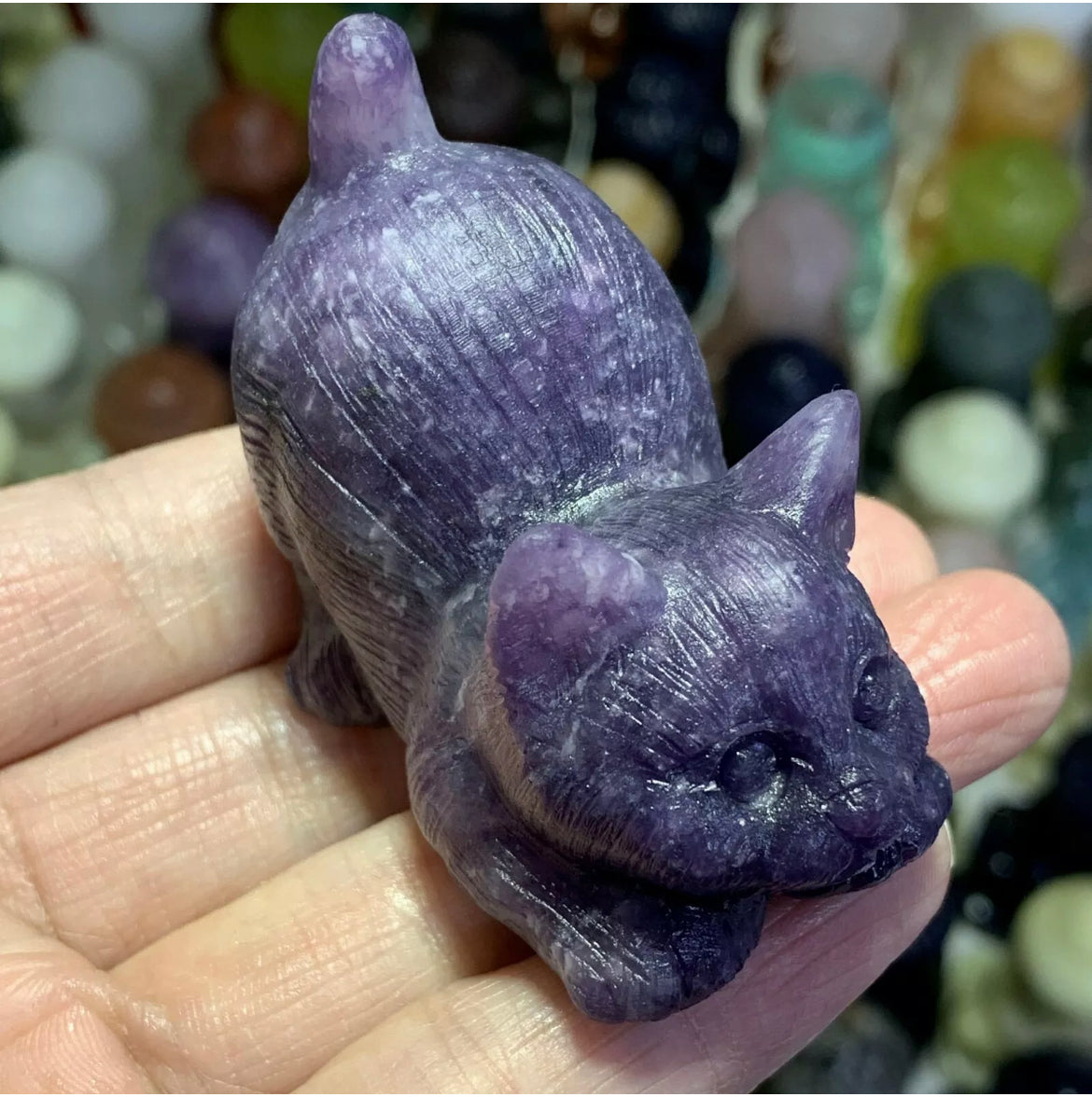 Natural Lilac Stone aka Lepidolite gemstone Kitty cat crystal figurine