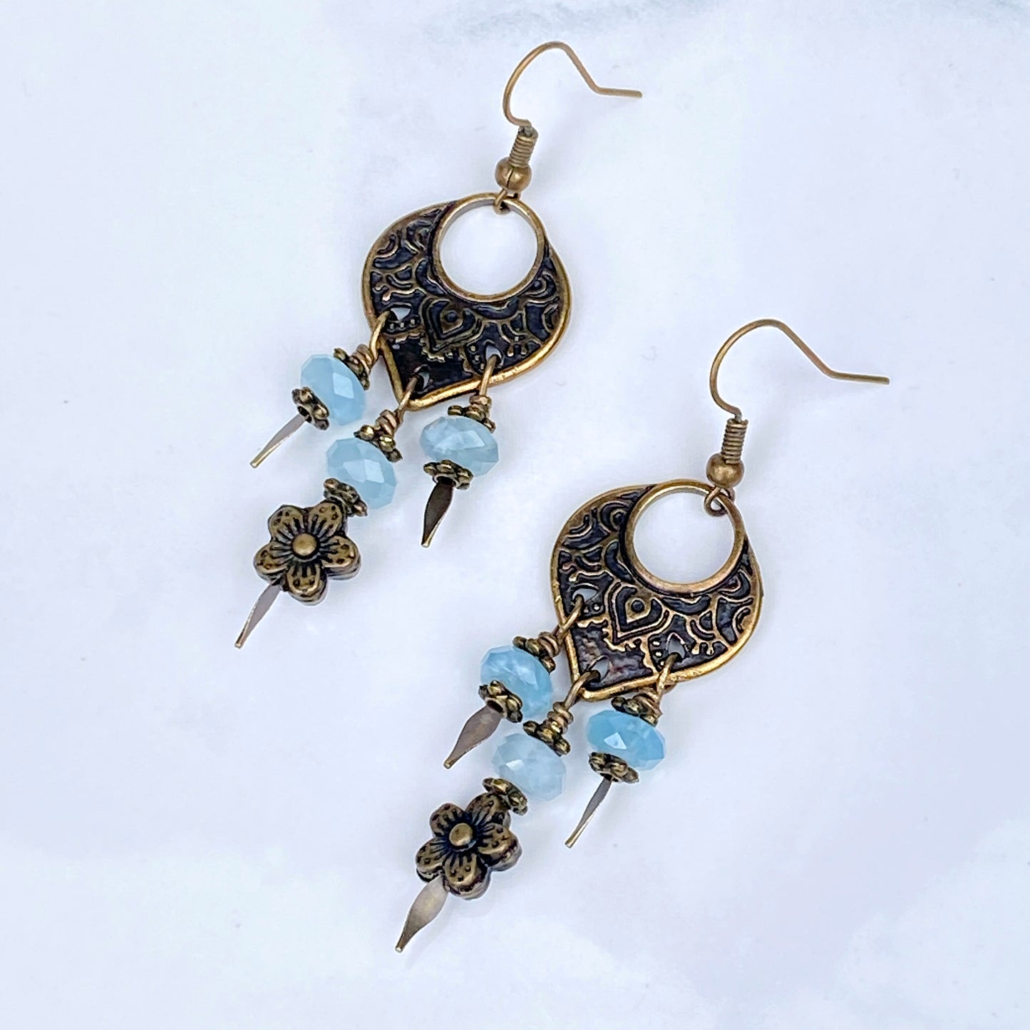 Aquamarine gemstone and brassChandelier Earrings