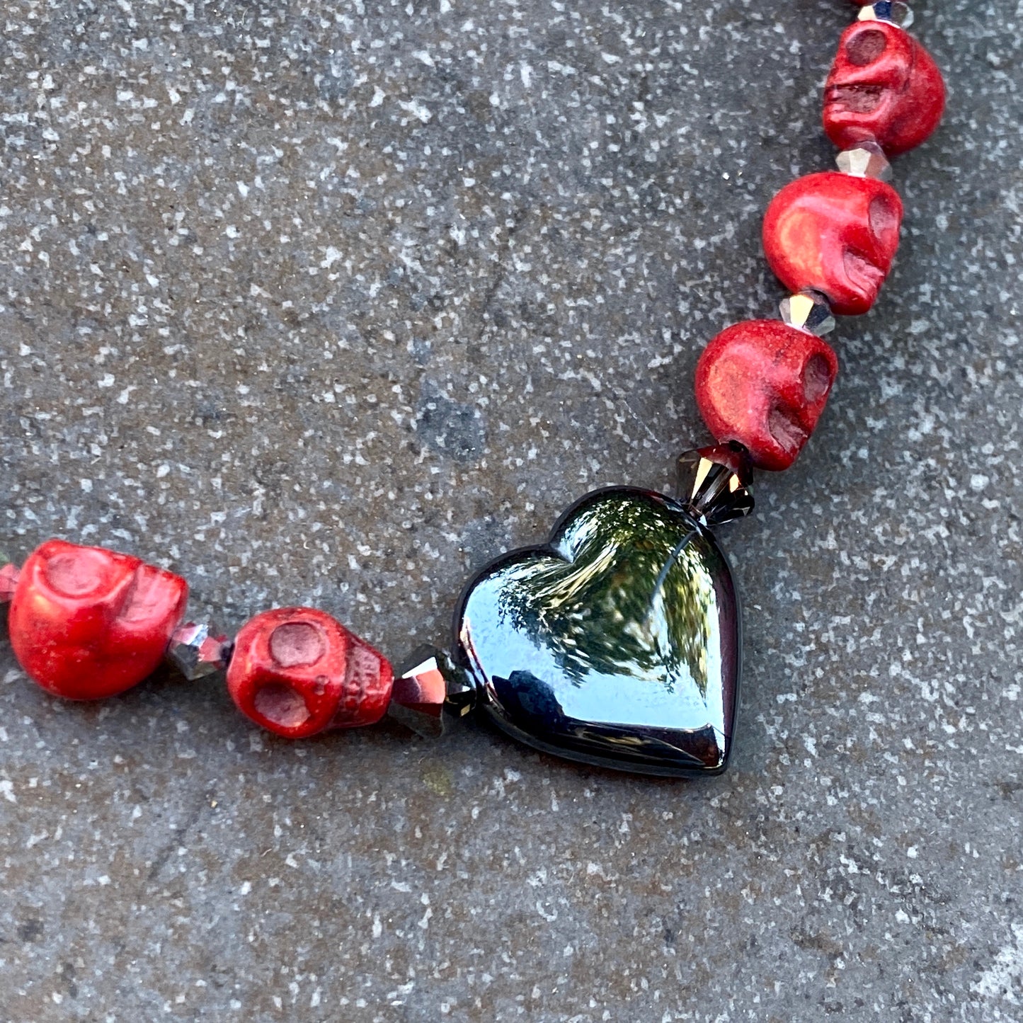 Women's Red Skulls & Hematite Gemstone Necklace wtih Sterling Silver
