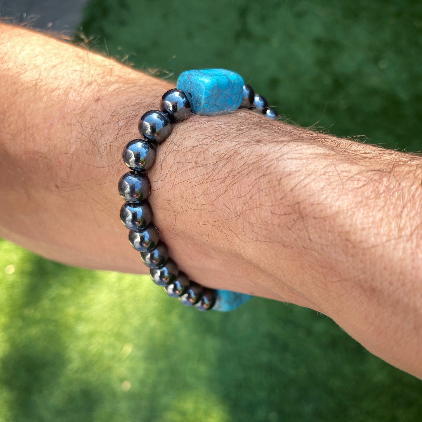 Men's Hematite and Turquoise howlite Gemstone bracelet