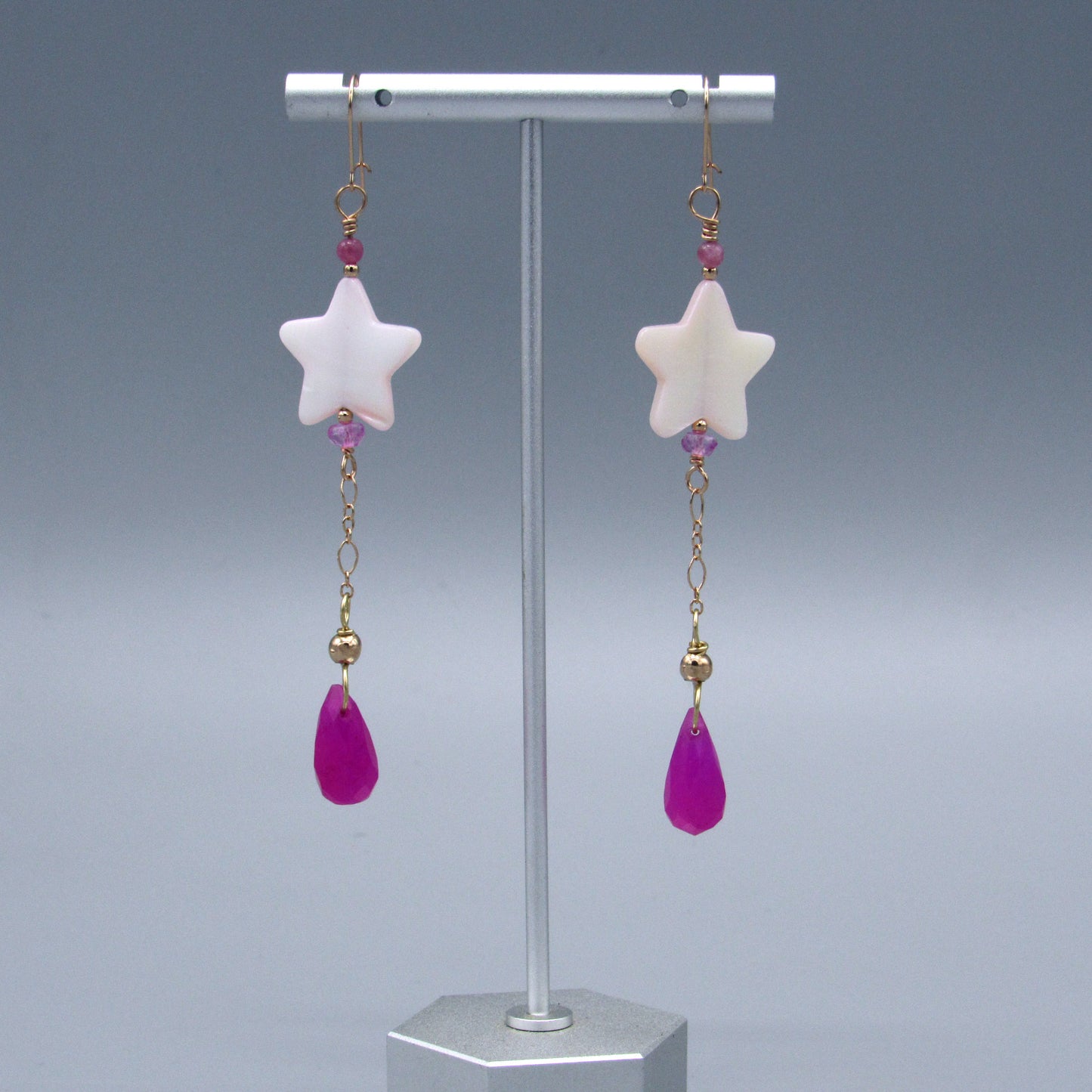 Pink Star Mother of Pearl, Pink Topaz, Pink Jade, Pink Tourmaline, 14 kt Rose GF Earrings