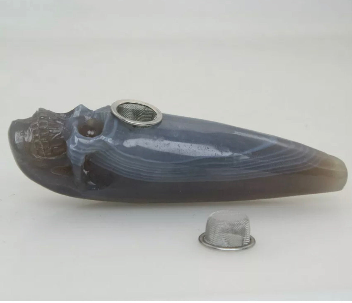 Gray Stripe Agate jade gemstone Skull Pipe