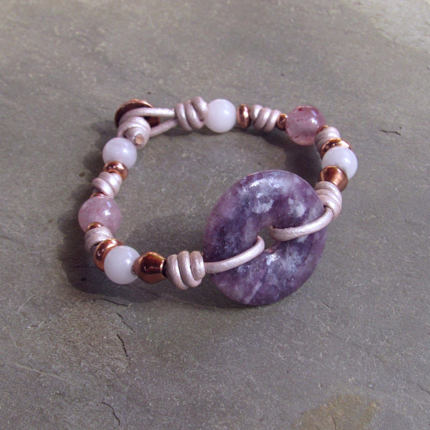 Lepidolite, Strawberry Quartz, Clear Quartz, White Agates with Copper Lotus Button