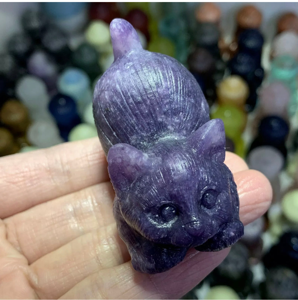 Natural Lilac Stone aka Lepidolite gemstone Kitty cat crystal figurine