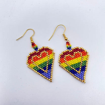Beaded Glass Heart Pride Rainbow Earrings