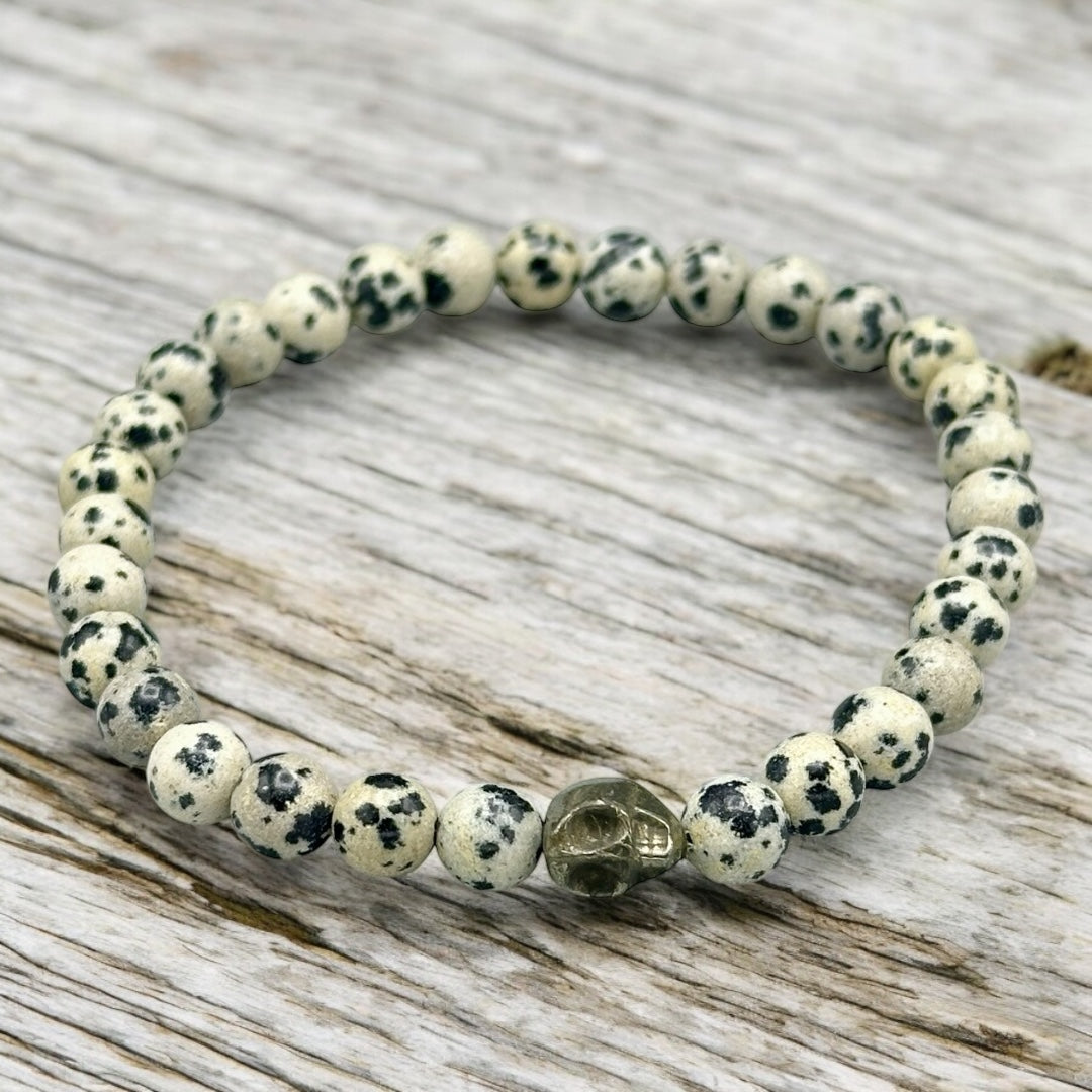 Dalmatian Jasper and Pyrite Skull Beaded Bracelet