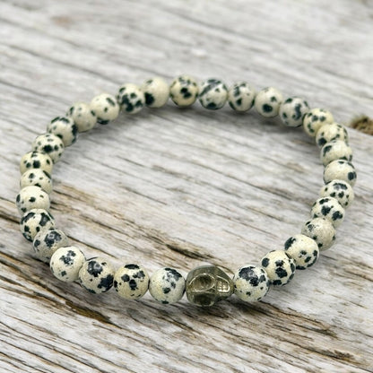 Dalmatian Jasper and Pyrite Skull Beaded Bracelet