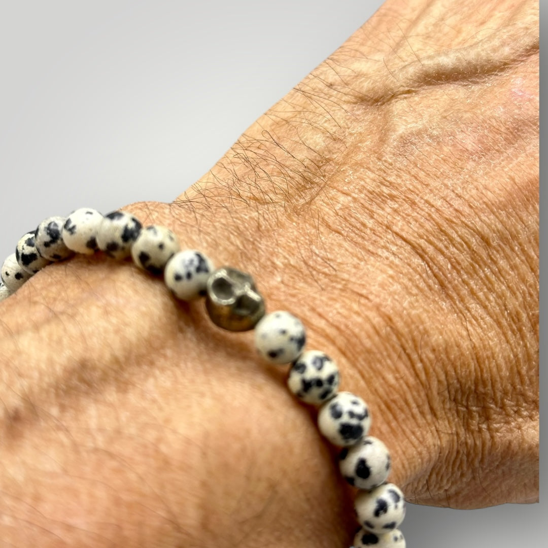 Dalmatian Jasper and Pyrite Skull Beaded Bracelet