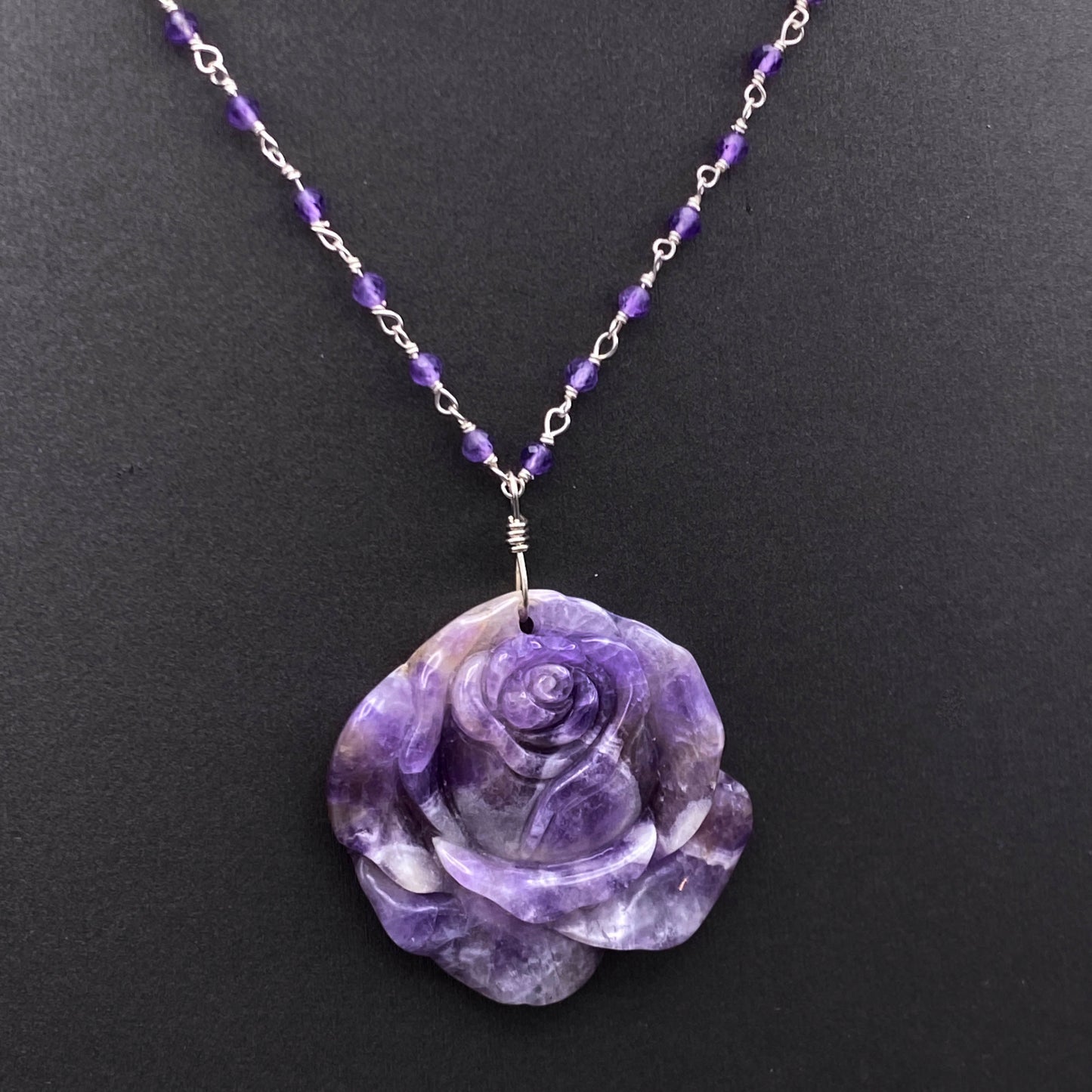 Amethyst Rose Pendant on Beaded Chain