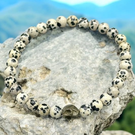 Dalmatian Jasper and Pyrite Skull Beaded Bracelet
